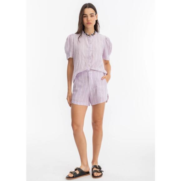 Tuckernuck LANHTROPY 100% Linen Scallop Blouse Striped Puff Sleeve Shirt Top - Picture 3 of 15